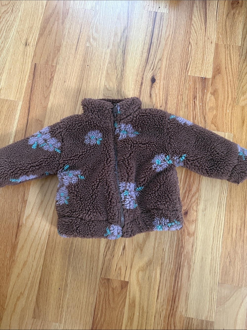 Zara Brown Sherpa Fleece Puffer Jacket with Purple Floral Accents